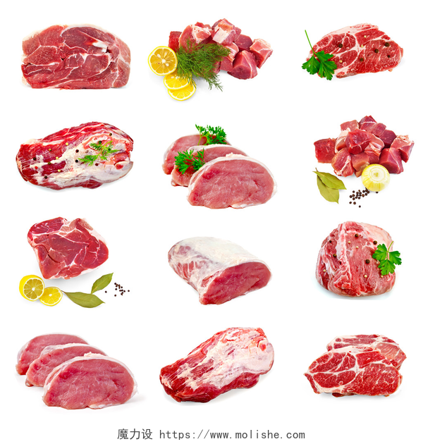 白色背景上肉与调料的合集肉猪肉套